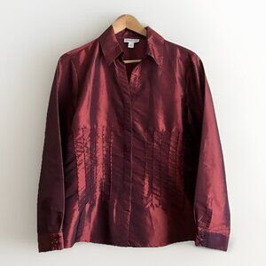 Coldwater Creek Satin‎ Burgundy Beaded Long Sleeve Button Down Top Size Large